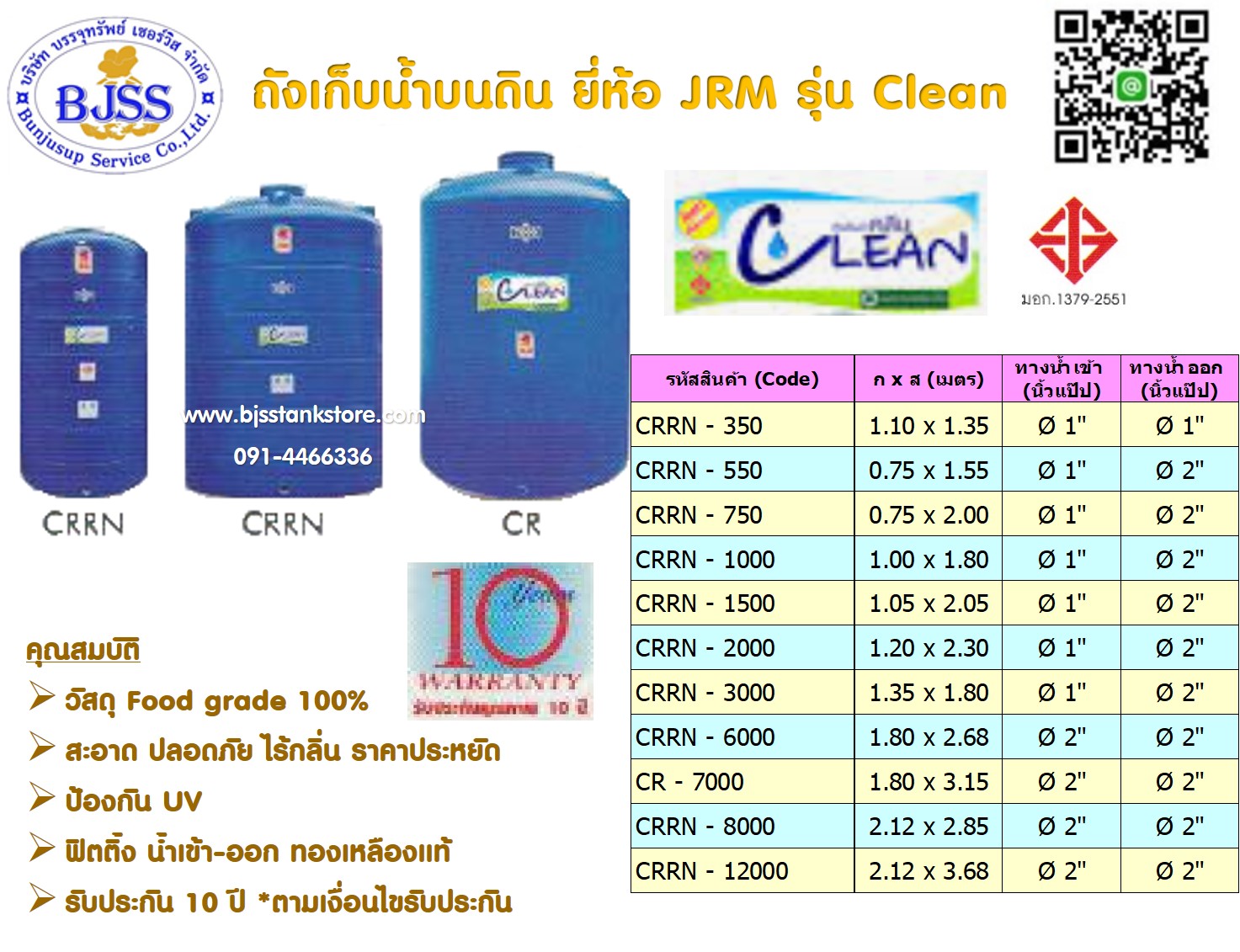 ถังเก็บน้ำบนดิน ยี่ห้อ JRM รุ่น Clean