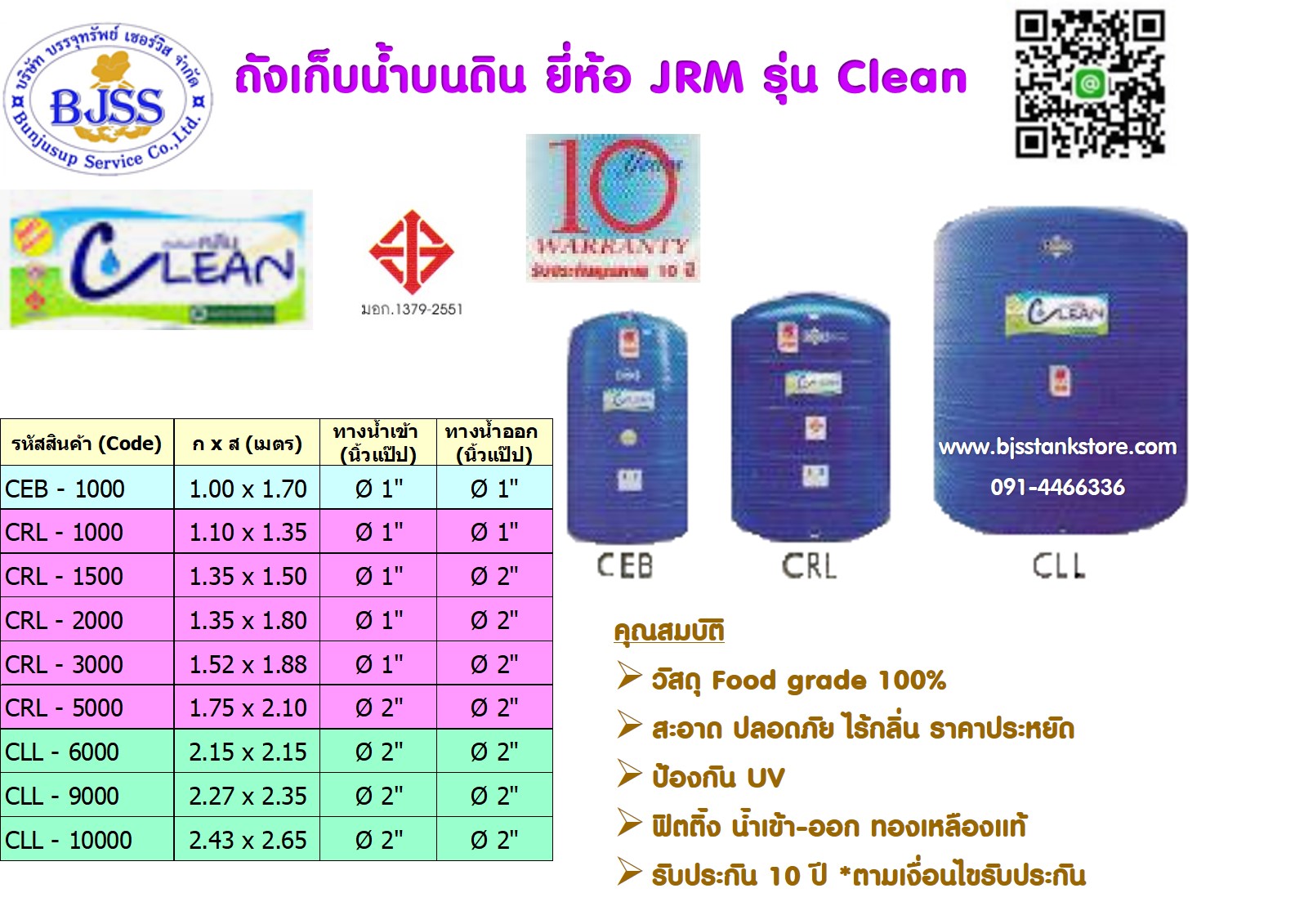 ถังเก็บน้ำบนดิน ยี่ห้อ JRM รุ่น Clean
