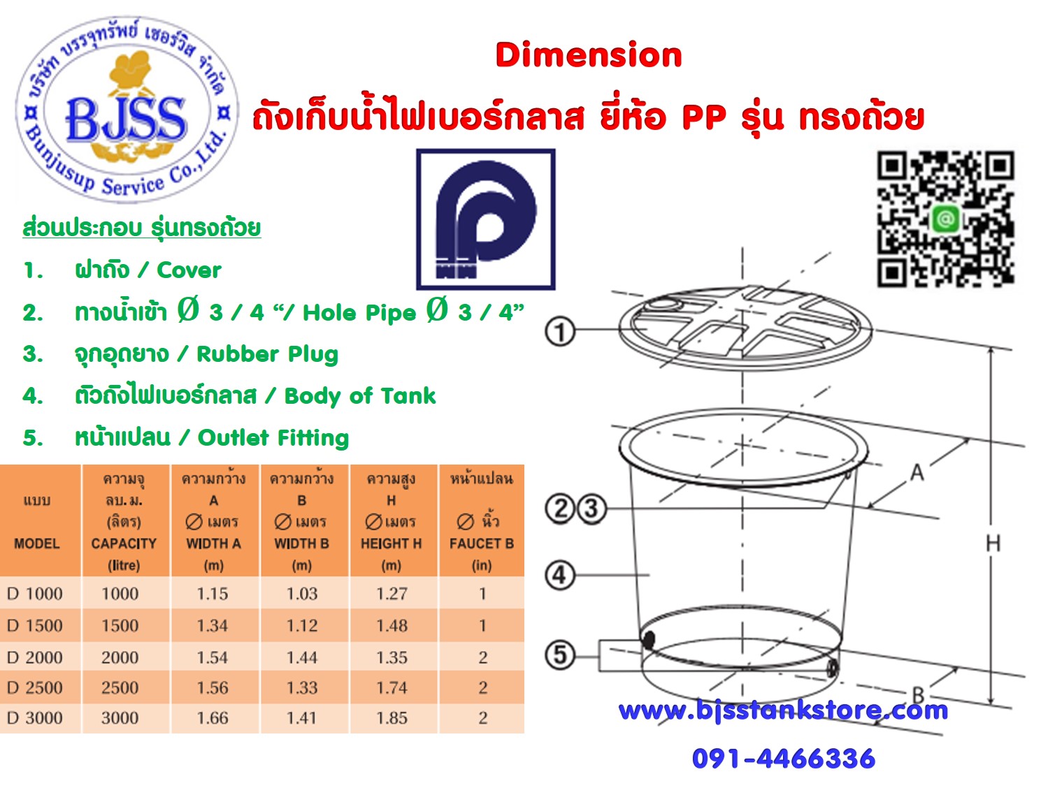 ถังเก็บน้ำไฟเบอร์กลาส ยี่ห้อ PP รุ่น ทรงถ้วย