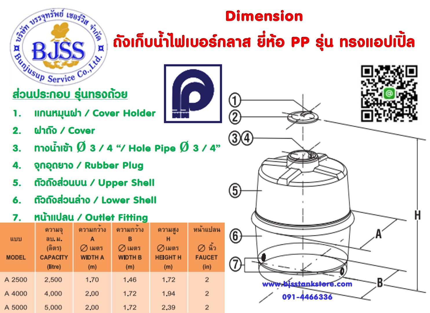 ถังเก็บน้ำไฟเบอร์กลาส ยี่ห้อ PP รุ่น ทรงแอปเปิ้ล